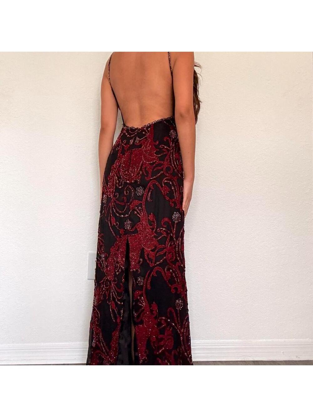 Insane Y2K silk black red beaded floral backless maxi dress